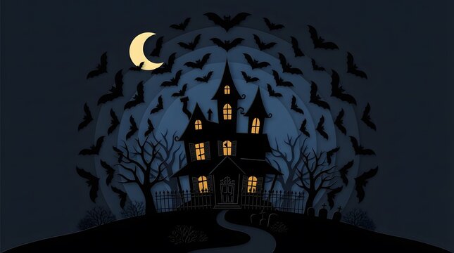 Spooky haunted house illustration with a crescent moon and a swarm of bats in a dark night sky