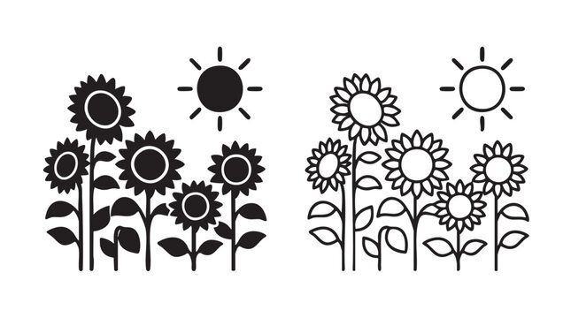 sunflowers facing the sun black silhouette and outline art vector icon