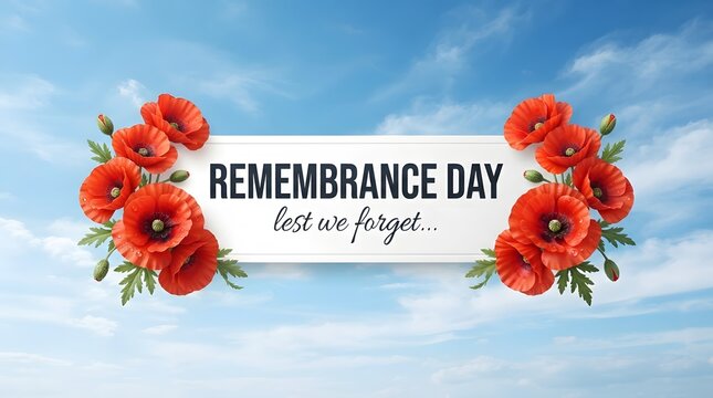 Remembrance day banner with red poppy flowers and lest we forget text against a blue sky background
