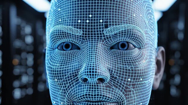 Digital Face Scan: A futuristic digital wireframe of a human face, representing artificial intelligence and biometric technology, glows with blue light against a blurred, technological background.