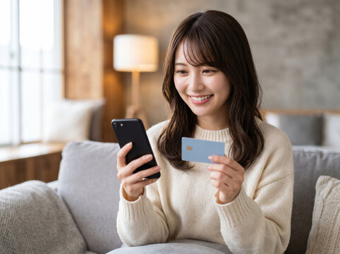 自宅ソファでクレジットカードとスマホを手に買い物をする笑顔の女性
