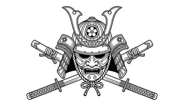 Japanese samurai helmet with crossed katana swords, traditional bushido warrior mask illustration, black and white shogun armor emblem