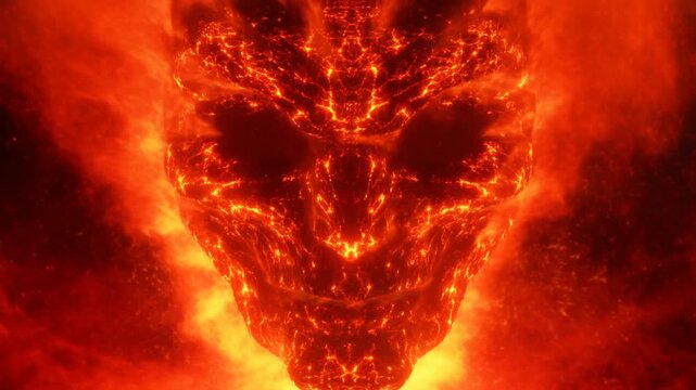 Tracking shot of molten demon face emerging and morphing in fiery ash cloud inferno