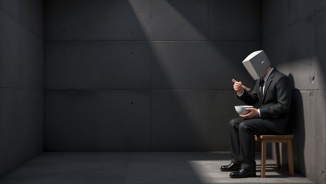 A faceless man in a suit eats from a bowl, seated alone in an empty room.