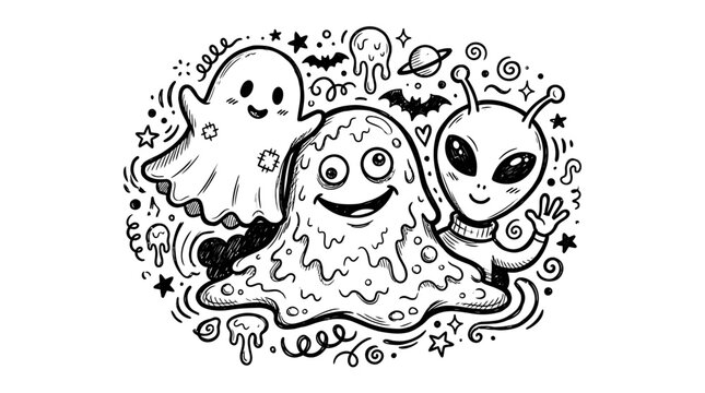 Cute Cartoon Characters: Ghost, Alien, and Blob Monster - Hand-Drawn Doodle Art