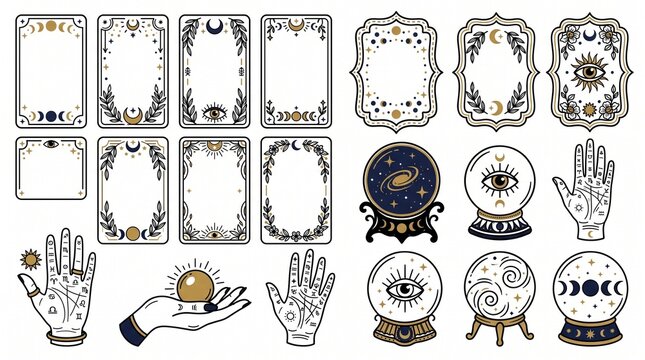 Mystical occult tarot card frames and celestial crystal ball set, esoteric astrology icons with palmistry hands, magic witchcraft elements collection