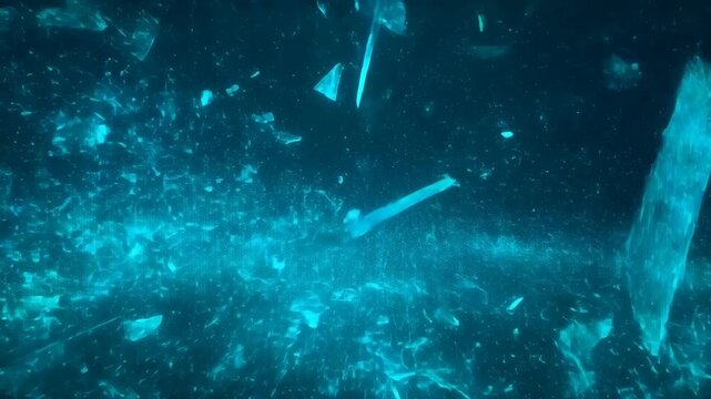 Time lapse glowing cyan grid disintegrating into particles and fragments in dark virtual space with upward dispersal and particle explosion