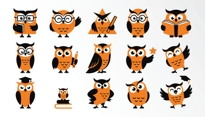 Obraz premium A collection of cute cartoon owl characters in various poses and expressions isolated on a white background