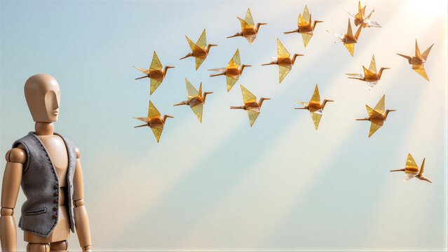 Wooden figure watches paper cranes fly in sunlight, symbolizing hope and freedom.
