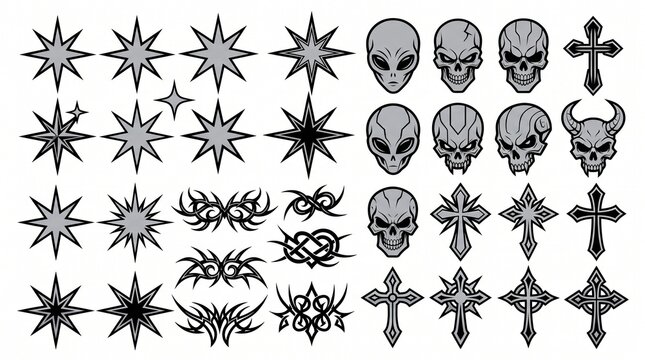 Y2K aesthetic tattoo icons set, chrome skulls and gothic crosses collection, silver metal stars and tribal ornaments for streetwear design
