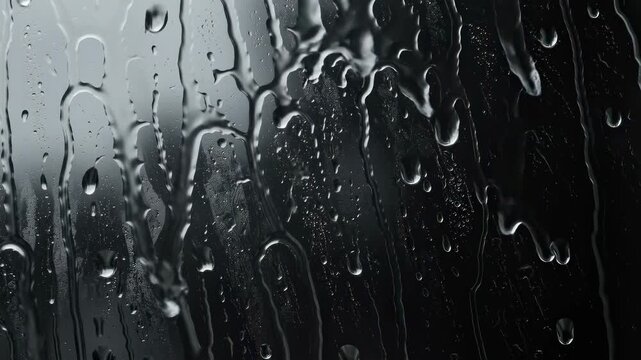 Close up of raindrops on a window pane with blurred background creating a moody and atmospheric scene