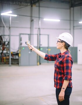 Construction worker using a laser level indoors.