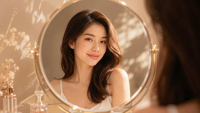 Round mirror reflecting a young woman soft focus photography with a neutral color palette beauty cosmetics face female girl makeup reflection self image selfie adult portrait