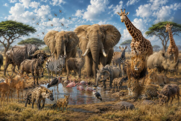 Obraz premium African Safari Wildlife Gathering at Savanna Watering Hole