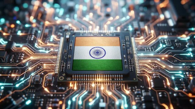 High-tech semiconductor processor featuring the India flag, symbolizing AI innovation, chip manufacturing, digital technology, electronics, cybersecurity, computing, and the future of India's semicond