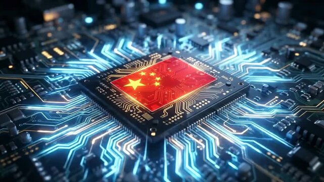 Advanced semiconductor chip featuring the China flag, representing AI innovation, semiconductor manufacturing, digital technology, electronics, computing power, cybersecurity, and China's growing role
