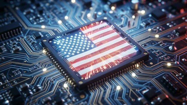 Advanced semiconductor chip featuring the United States flag, symbolizing AI innovation, semiconductor manufacturing, digital technology, electronics, computing, cybersecurity
