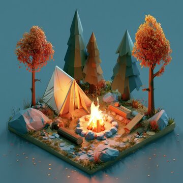 A campfire burns in the center of a small clearing surrounded by trees and a tent. Logs are placed around the fire, creating a cozy setting.