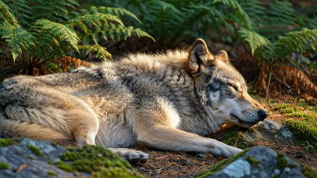 Tranquil Gray Wolf Resting Peacefully Amongst Green Ferns and Moss in Sunlight