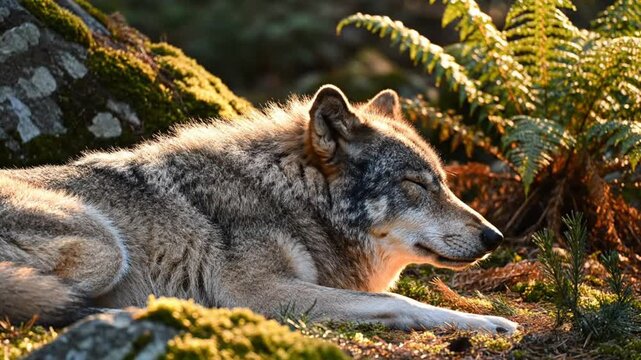 Resting gray wolf enjoying sunlight in a natural woodland environment on a sunny day