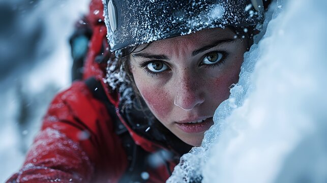 Close-up of determined climber's face amidst icy terrain, capturing intense focus during challenging ice climb. Snowflakes on gear, rugged expression, high-altitude adventure atmosphere.