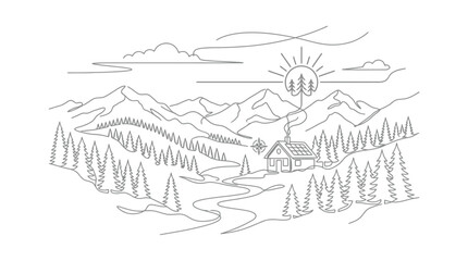 Fototapeta premium Hand Drawn Camping Scene With Tents And Sun. EPS Editable. Vector Illustrations.