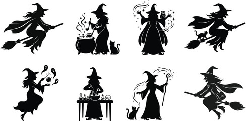 Set of black silhouettes of witches flying on broomsticks and casting magic spells for halloween holiday design elements © MDSAIFUL