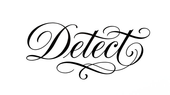 Elegant cursive calligraphy lettering of the word Detect in black ink on white