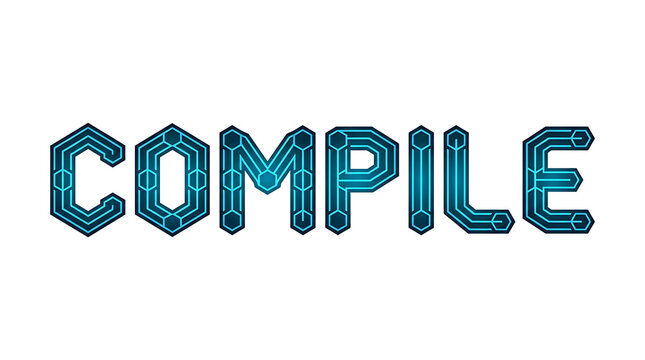 Compile" text in a sleek, modern circuit board design, representing data processing and digital technology