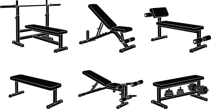 Gym weight bench silhouette collection featuring adjustable incline decline flat barbell rack and dumbbell storage stations vector illustration set.