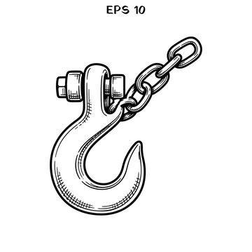Industrial heavy duty metal crane hook with chain link hand drawn vector illustration.