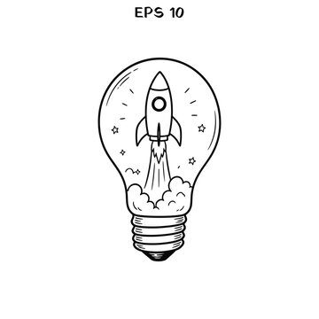 Creative light bulb with rocket ship launch doodle vector illustration for startup and innovation concepts.