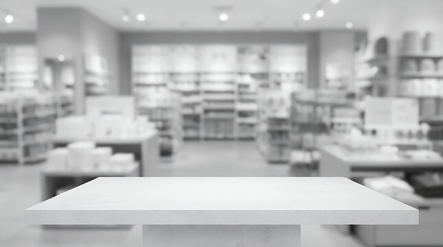 Minimalist Empty White Cement Table Over Blurred Store Background: Monochrome Product Display Montage with Black and White Tone for Elegant Merchandise Showcase white empty white cement table over