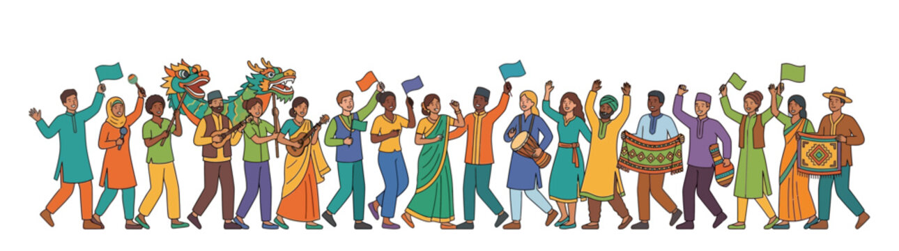 Diverse Group of People Celebrating During a Cultural Parade