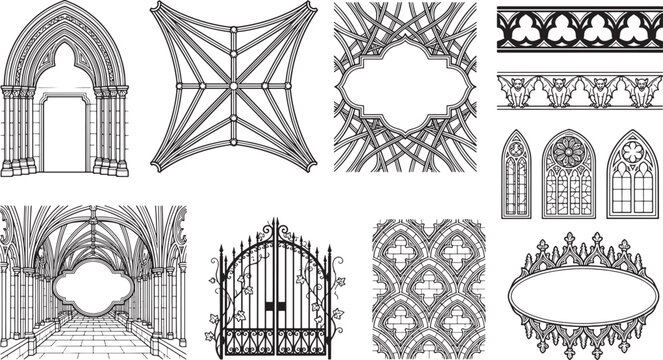 Assorted gothic architectural including arched windows, vaulted ceilings, iron gates, and ornate frames on white