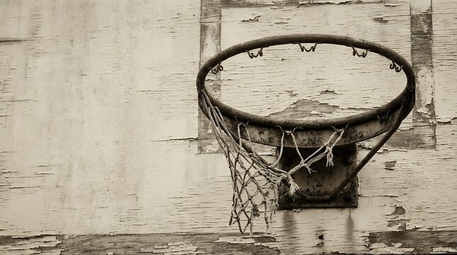 Vintage Weathered Basketball Hoop Close-Up: Rustic and Old Basketball Rim with Net Fragment Nostalgic Sports Equipment Detail Capturing History of the Game basketball vintage old basketball hoop