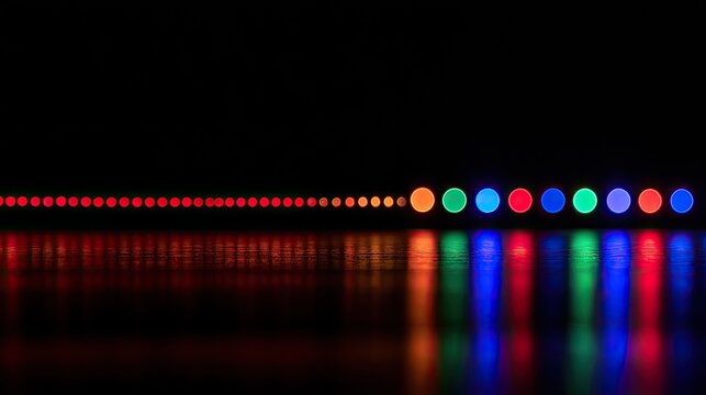 Colorful circular lights forming a line, reflected on dark, wet surface