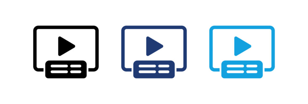 Set of video player icons with play button and subtitle bar in different blue and black colors.