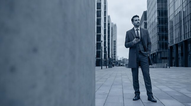 Business Professional Using Mobile Phone While Looking Around Outdoors: Confident Person Checking Smartphone in Urban Environment Staying Connected and Informed on the Go business business person
