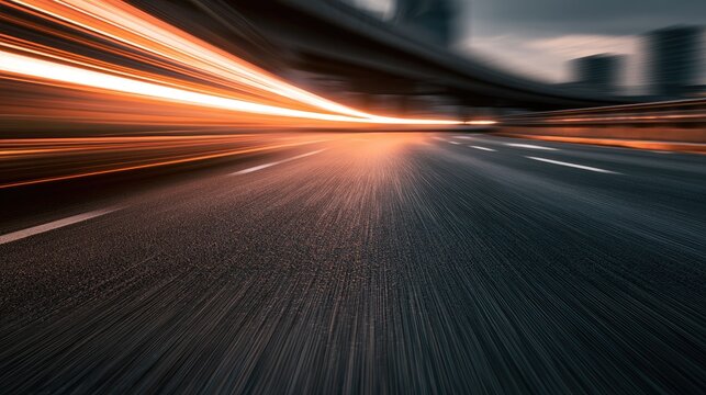 Streaks of orange light blur on a dark, fast-moving highway at dusk