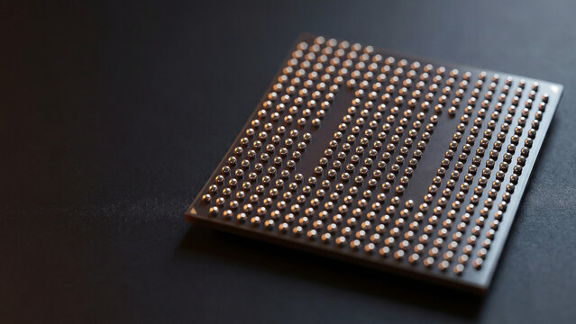 半導体パッケージ裏面に並ぶ金属製はんだボールの接写