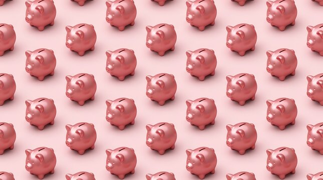 A Sea of Savings and Security: A Repeating 3D Pattern of Pink Piggy Banks a Playful and Visually Striking Design Symbolizing the Concepts of Financial Savings Diligent Investment and Long-Term