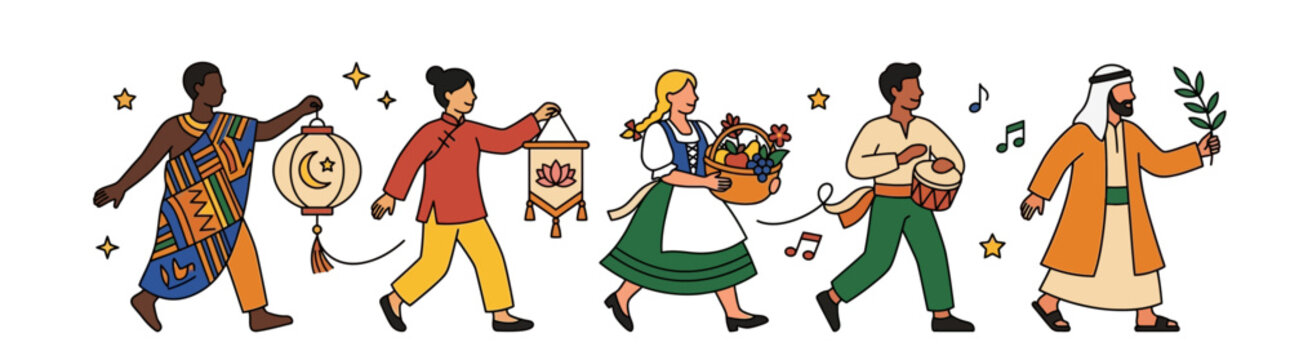 Diverse people celebrating cultural heritage in a festive parade illustration