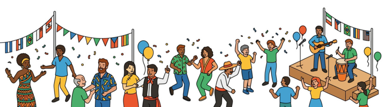 Diverse people dancing at a joyful outdoor cultural festival illustration