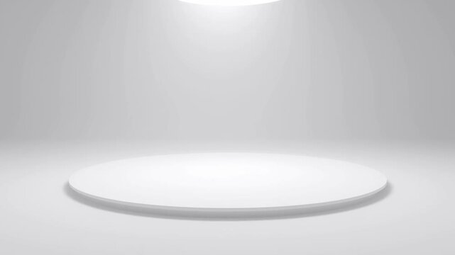 Panning shot of empty round pedestal on white studio backdrop for product presentation and 360 display in minimal lighting environment