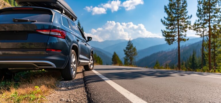 Suv car parked on a scenic mountain road overlooking a vast valley and landscape
