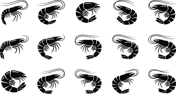 Minimalist monochrome shrimp silhouette vector collection featuring various curved prawn icons isolated horizontally on a clean white background.