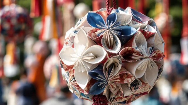 Kusudama paper flower ball made with washi, hanging for star festival, traditional japanese summer festival origami sphere, handmade floral ornament for seasonal matsuri, Sendai Tanabata