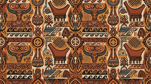 Ethnic seamless pattern with tribal bull and traditional house motifs
