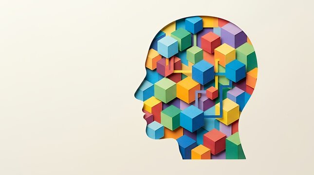 A Creative and Abstract Paper Cut Style Illustration of a Human Head Composed of Multicolored Cubes Representing the Complexity of Thought Mental Health and the Building Blocks of the Mind a creative